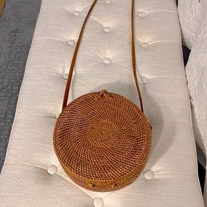 Rattan circle bag with navy gingham interior!